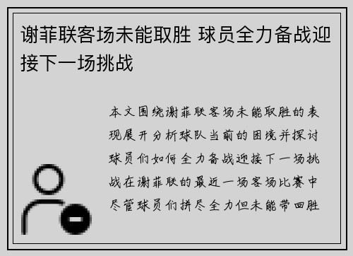 谢菲联客场未能取胜 球员全力备战迎接下一场挑战