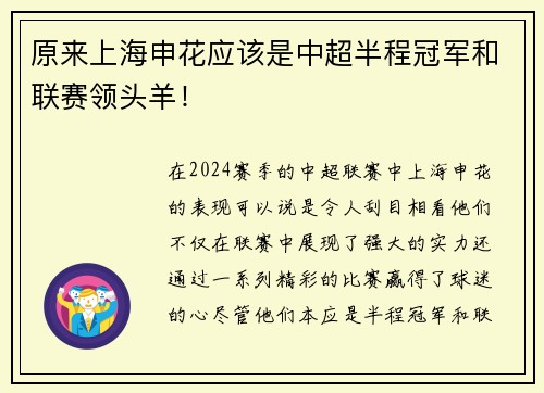 原来上海申花应该是中超半程冠军和联赛领头羊！
