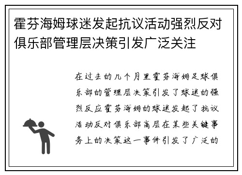 霍芬海姆球迷发起抗议活动强烈反对俱乐部管理层决策引发广泛关注
