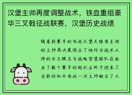 汉堡主帅再度调整战术，铁血重组豪华三叉戟征战联赛，汉堡历史战绩