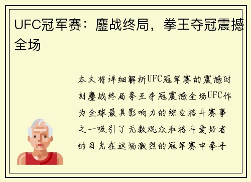 UFC冠军赛：鏖战终局，拳王夺冠震撼全场