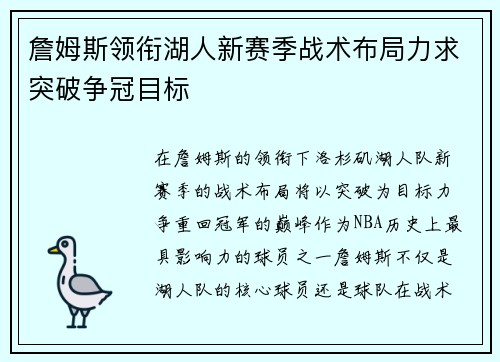 詹姆斯领衔湖人新赛季战术布局力求突破争冠目标